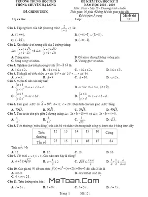 Đề thi HK2 Toán 10 năm 2018 – 2019 trường chuyên Hạ Long – Quảng Ninh