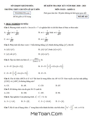 Đề thi HK1 Toán 11 năm 2020 – 2021 trường THPT chuyên Lê Quý Đôn – Khánh Hòa