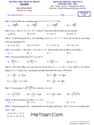 Đề thi học kỳ 2 Toán 12 năm 2022 - 2023 trường THPT Trần Kỳ Phong - Quảng Ngãi