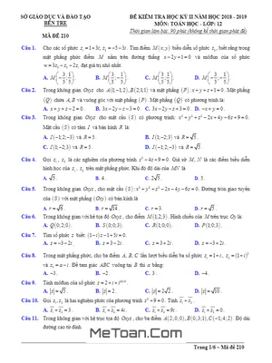 Đề thi học kỳ 2 Toán 12 năm học 2018 - 2019 sở GD&ĐT Bến Tre