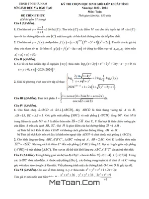 Đề thi chọn học sinh giỏi Toán 12 cấp tỉnh năm 2023 - 2024 sở GD&ĐT Hà Nam