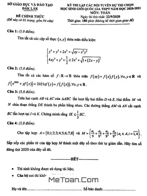 Đề thi chọn HSG Toán THPT năm 2020-2021 Sở GD&ĐT Đắk Lắk (ngày 1)