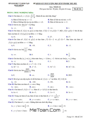 Đề thi học kì 2 Toán 11 năm 2022 – 2023 sở GD&ĐT Thái Bình