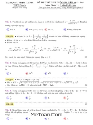 Đề thi thử THPT Quốc gia 2017 môn Toán trường chuyên Sư Phạm Hà Nội lần 3 có đáp án