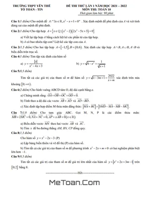 Đề thi thử Toán 10 lần 1 năm 2021 - 2022 trường THPT Yên Thế - Bắc Giang