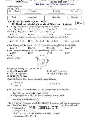 Đề thi giữa học kỳ 2 Toán 9 năm 2022 - 2023 phòng GD&ĐT Nông Cống - Thanh Hóa