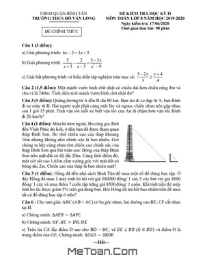 Đề thi HK2 Toán 8 năm 2019 - 2020 trường THCS Hồ Văn Long - TP.HCM