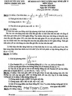 Đề khảo sát chất lượng Toán 9 năm 2023 - 2024 phòng GD&ĐT Sóc Sơn - Hà Nội