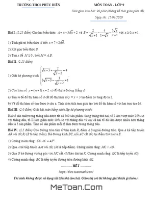 Đề khảo sát Toán 9 tháng 1 năm 2020 trường THCS Phúc Diễn - Hà Nội