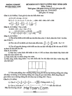 Đề thi học sinh giỏi Toán 6 năm 2022 - 2023 phòng GD&ĐT Hậu Lộc - Thanh Hóa