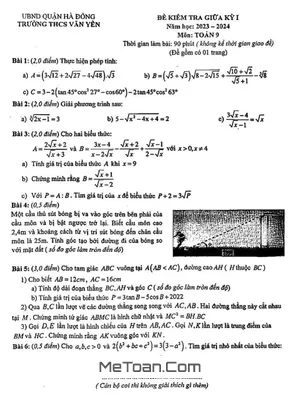 Đề Thi Giữa Kì 1 Toán 9 Năm 2023 - 2024 Trường THCS Văn Yên - Hà Nội