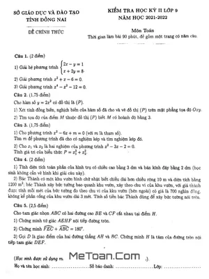 Đề kiểm tra học kỳ 2 Toán lớp 9 năm 2021 - 2022 Sở GD&ĐT Đồng Nai