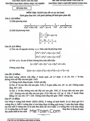 Đề Tuyển Sinh Lớp 10 Môn Toán (Chung) Năm 2024 Trường Chuyên KHTN – Hà Nội