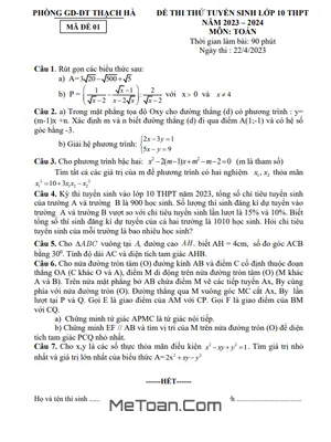 Đề thi thử Toán vào lớp 10 năm 2023 – 2024 phòng GD&ĐT Thạch Hà – Hà Tĩnh