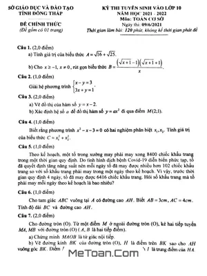 Đề thi vào lớp 10 môn Toán cơ sở năm 2021 - 2022 Sở GD&ĐT Đồng Tháp