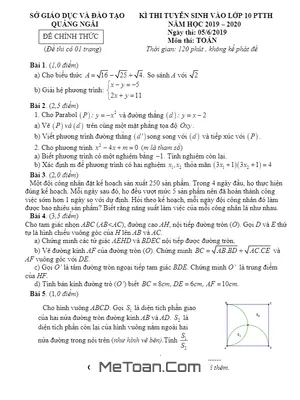 Đề Thi Tuyển Sinh Lớp 10 Môn Toán Sở GD&ĐT Quảng Ngãi Năm 2019 - 2020