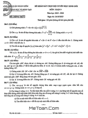 Đề chọn học sinh giỏi Toán 9 năm 2023 - 2024 phòng GD&ĐT Hoàn Kiếm - Hà Nội