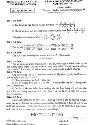 Đề chọn HSG Toán 9 năm 2020 - 2021 phòng GD&ĐT Nha Trang - Khánh Hòa