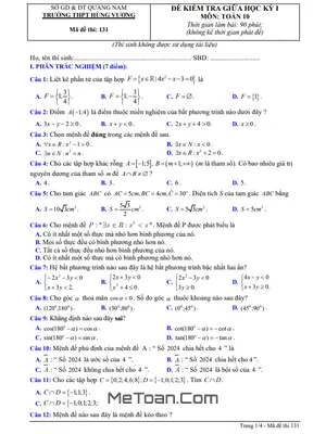 Đề Thi Giữa Kỳ 1 Toán 10 Năm 2024 - 2025 Trường THPT Hùng Vương - Quảng Nam