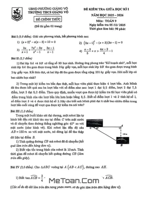 Đề thi Giữa kì 1 Toán 9 năm 2025 - 2026 trường THCS Giảng Võ, Hà Nội