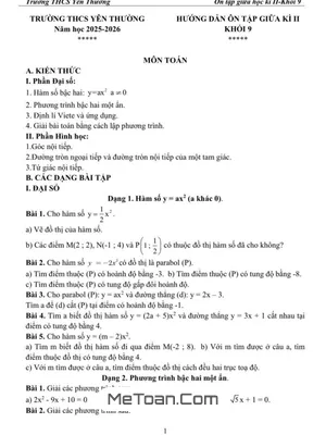 Ôn tập giữa kì 2 Toán 9 năm 2025 – 2026 trường THCS Yên Thường – Hà Nội