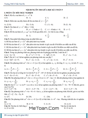 Ôn tập giữa kì 2 Toán 9 năm 2025 – 2026 trường THCS Trần Văn Ơn – TP.HCM