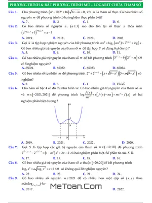 32 Bài Toán Phương Trình Và Bất Phương Trình Mũ – Logarit Chứa Tham Số