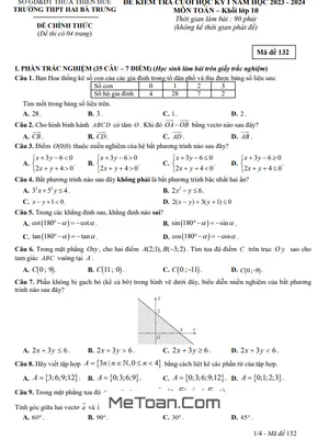 Đề Thi Cuối Kỳ 1 Toán 10 Năm 2023 - 2024 Trường THPT Hai Bà Trưng – TT Huế