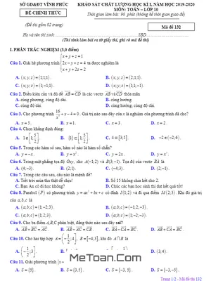 Đề thi học kỳ 1 Toán 10 năm học 2019 - 2020 sở GD&ĐT Vĩnh Phúc