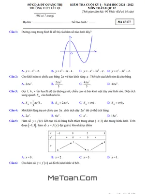 Đề thi học kỳ 1 Toán 12 năm 2021 - 2022 trường THPT Lê Lợi - Quảng Trị (có đáp án)