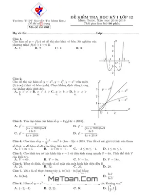 Đề kiểm tra học kỳ 1 Toán 12 năm 2018 - 2019 trường Nguyễn Thị Minh Khai - Hà Nội