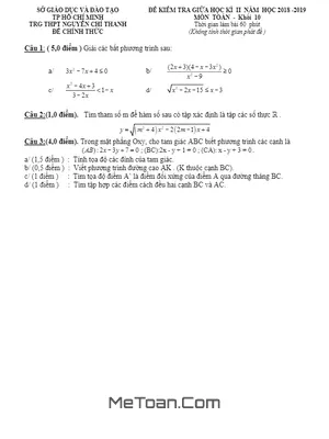 Đề kiểm tra giữa học kỳ 2 Toán 10 năm 2018 - 2019 trường Nguyễn Chí Thanh - TP HCM