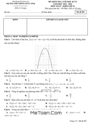 Đề Cuối Kỳ 2 Toán 10 Năm 2022 - 2023 Trường Phổ Thông DTNT Tỉnh Gia Lai