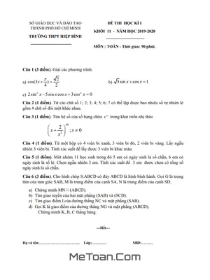 Đề thi học kì 1 Toán 11 năm 2019 - 2020 trường THPT Hiệp Bình - TP HCM