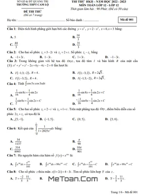 Đề thi thử HK2 Toán 12 năm 2022 – 2023 trường THPT Cam Lộ – Quảng Trị
