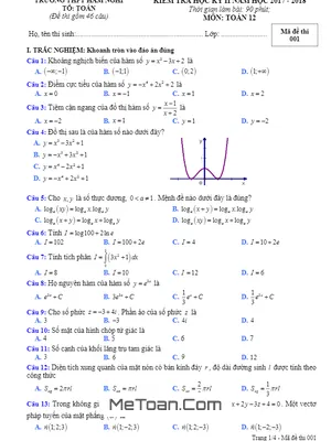 Đề thi HKII Toán 12 năm học 2017 - 2018 trường THPT Hàm Nghi - Hà Tĩnh