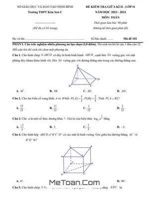 Đề Thi Giữa Kì 2 Môn Toán Lớp 11 Năm 2023 - 2024 Trường THPT Kim Sơn C - Ninh Bình