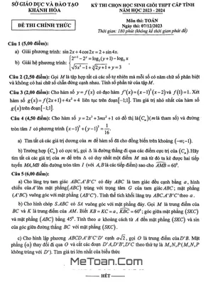 Đề thi HSG tỉnh Toán THPT năm 2023 - 2024 Sở GD&ĐT Khánh Hòa