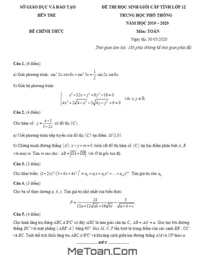 Đề thi HSG cấp tỉnh Toán 12 năm học 2019 - 2020 sở GD&ĐT Bến Tre