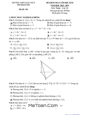 Đề thi cuối kì 2 Toán 11 năm 2022 - 2023 trường THPT Giao Thủy - Nam Định
