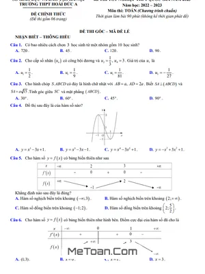 Đề thi thử TN THPT 2023 môn Toán trường THPT Hoài Đức A – Hà Nội