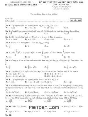 Đề Thi Thử Toán TN THPT 2021 Trường Đông Thụy Anh - Thái Bình (Mã Đề 116)