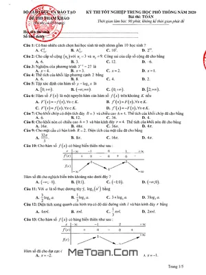 Đáp án và hướng dẫn giải đề thi tham khảo tốt nghiệp THPT 2020 môn Toán