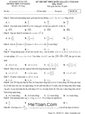 Đề Thi Thử Toán THPT Quốc Gia 2019 Lần 1 Trường Văn Giang – Hưng Yên