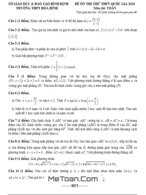 Đề thi thử THPT Quốc gia môn Toán năm 2016 trường THPT Hòa Bình - Bình Định