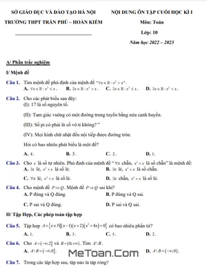 Ôn Tập Cuối Kì 1 Toán 10 Năm 2022 - 2023 Trường THPT Trần Phú - Hà Nội