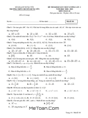 Đề khảo sát chất lượng Toán 10 lần 1 năm 2020 – 2021 trường THPT chuyên Hưng Yên