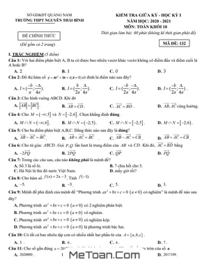 Đề thi giữa HK1 Toán 10 năm 2020 - 2021 trường THPT Nguyễn Thái Bình - Quảng Nam