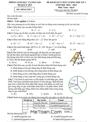 Đề thi học kỳ 1 Toán 8 năm 2023 - 2024 phòng GD&ĐT Ý Yên - Nam Định