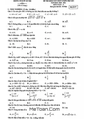 Đề thi học kỳ 1 Toán 9 năm 2020 – 2021 phòng GD&ĐT Ân Thi – Hưng Yên